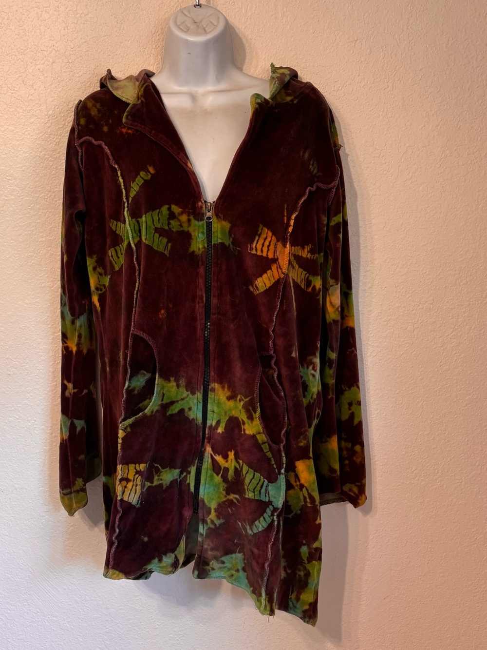 Kathmandu Imports Boho Tie Dye Asymmetrical Velour Zip Hoodie Large
